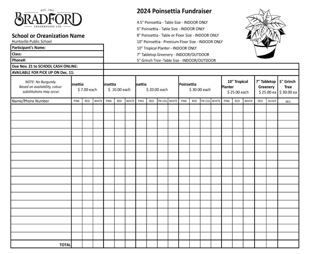 order form with pricing for Poinsettia Fundraiser