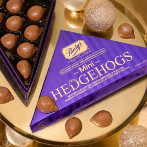 Triangle box of Purdy's chocolates advertising "Mini Hedgehogs"